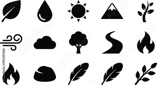 Nature elements icon set featuring leaf, water drop, sun, mountain, tree, wind, cloud, river, fire and feather symbols for eco environment design concept