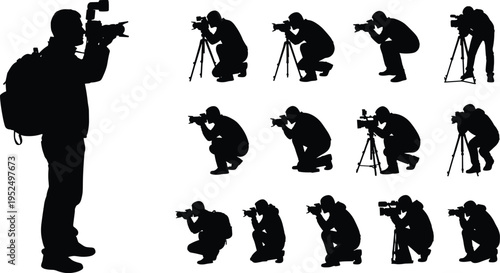 Photographer silhouettes collection, professional cameraman taking photos with camera and tripod, media photography poses set, isolated vector people