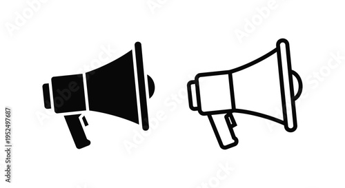 Two black megaphone icons one filled and one outlined silhouette