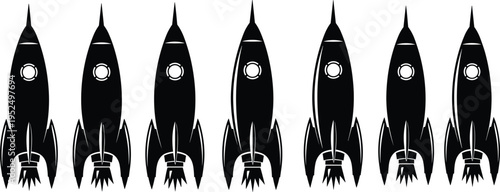 Retro rocket ship silhouettes set, vintage space rockets launching concept, science fiction spacecraft collection isolated on white background illustration