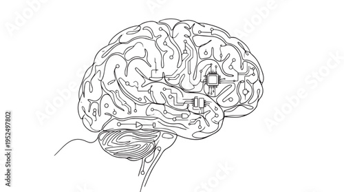 Outline vector illustration of a human brain with integrated circuit board elements and microchips, symbolizing artificial intelligence, machine learning