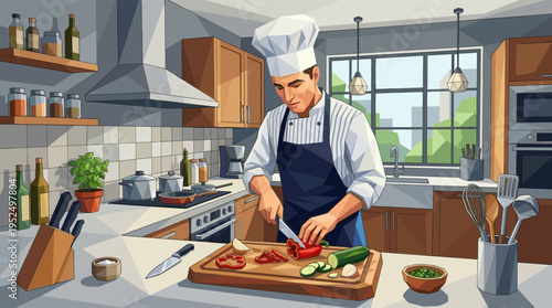A professional male chef in uniform diligently chops fresh vegetables on a wooden cutting board in a sunlit, modern kitchen.