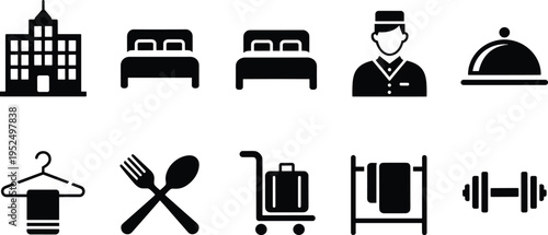 Hotel service icons set with building beds bellboy luggage restaurant towel hanger fitness gym equipment hospitality vector symbol collection