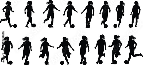 Girls soccer player silhouettes collection, female football athletes dribbling ball in action poses, women sport activity isolated illustration set