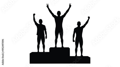 Three athletes standing on a podium with their arms raised