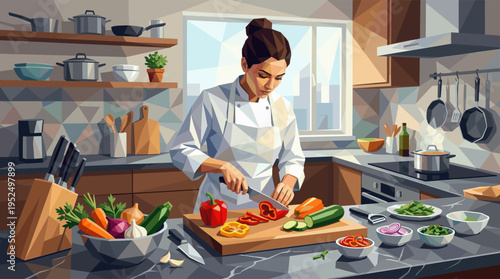 Focused female chef in a white uniform skillfully prepares a healthy meal, slicing colorful fresh vegetables in a sunlit, modern kitchen. Geometric vector illustration.