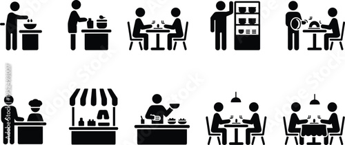 Restaurant and dining service icons set with cooking eating waiter kitchen food counter dishwashing cafe vector symbols collection