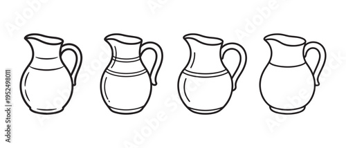 Four antique style ceramic jugs with handles in a row on a white background.