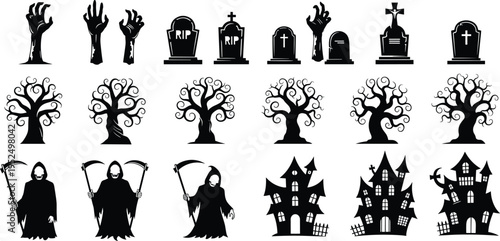 Halloween spooky silhouettes set with zombie hands, tombstones, haunted houses, grim reaper and creepy trees, horror decoration elements illustration