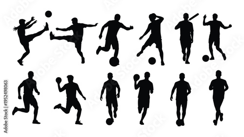 Silhouettes of soccer players in various poses