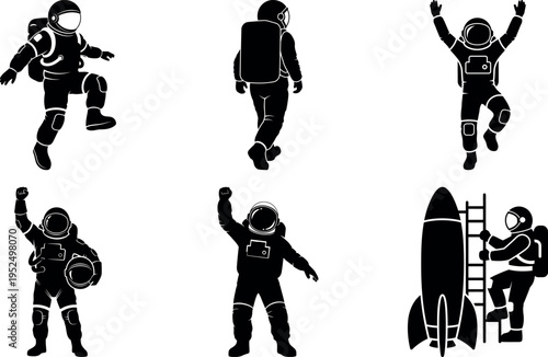 Collection of astronauts in various poses and activities isolated illustration set