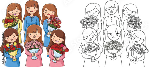 Six happy girls holding beautiful flower bouquets in colored illustration and black and white coloring page for kids creative activities.