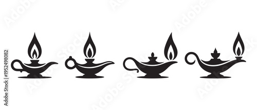 Four black oil lamp icons with flames on a white background symbolizing genie lamps or magic lamps often found in stories and mythology.