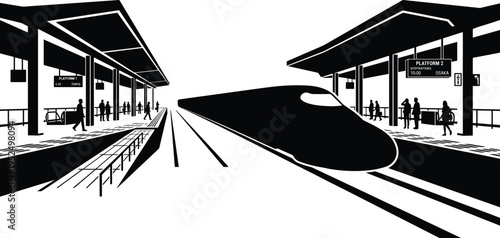 High speed train at modern railway station platform, urban transportation concept, passenger travel scene, minimal black silhouette design, public transit illustration isolated background