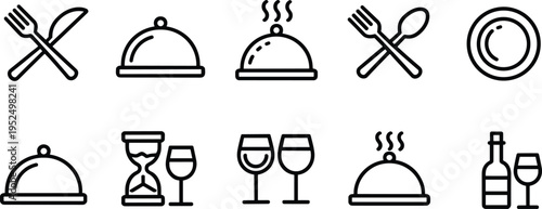 Restaurant dining and hospitality outline icons set with plate cutlery cloche wine glasses bottle timer food service vector collection