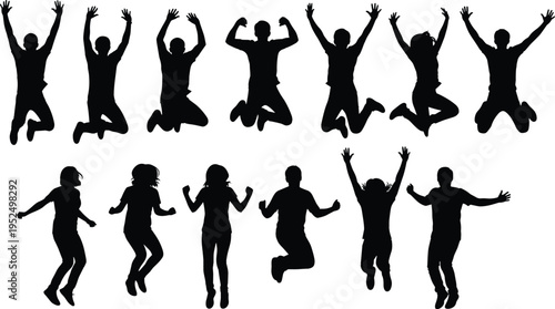 Jumping people silhouettes collection, men and women celebrating with raised arms in energetic jump poses isolated illustration set for success concept