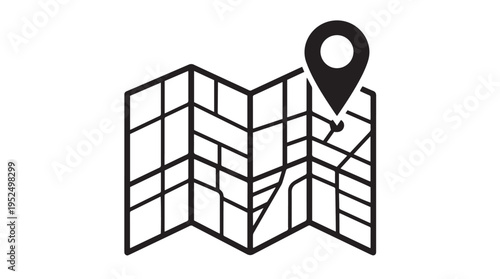 Black and white vector icon of a folded map with a location pin, ideal for navigation, travel, and business applications.