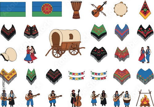 Collection of Romani culture icons including traditional clothing, instruments, wagons, and dancers, celebrating nomadic heritage
