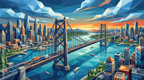 A vibrant, low-poly illustration of a bustling metropolis at sunset, featuring a suspension bridge with traffic over a busy river with boats and a geometric skyline.