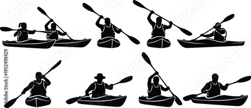 Kayaking and canoeing silhouette set, paddling athletes collection, water sport activity people, kayak rowers adventure recreation isolated vector illustration pack