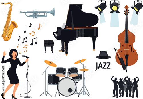 A vibrant collection of musical instruments and performers, capturing the energy of a live jazz performance with a grand piano, saxophone, and drum set