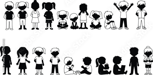 Kids silhouettes and cartoon children characters collection, boys and girls standing, sitting and playing poses, cute childhood illustration set