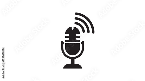 Black Microphone Icon Vector with Sound Waves for Audio Recording, Podcast, Broadcast, and Voice Communication Design Elements