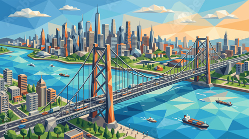 A vibrant, low poly illustration of a bustling modern cityscape with a suspension bridge full of traffic and boats moving along the river.