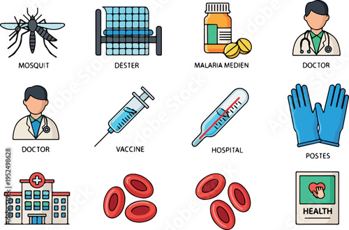 Collection of medical icons including mosquito, hospital, doctor, vaccine, and blood cells