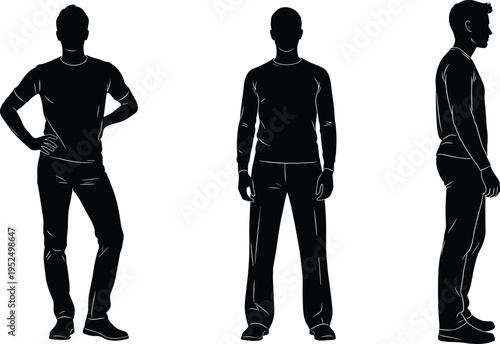 Man silhouette front side standing poses set, male human figure perspectives collection, casual person posture reference isolated vector illustration