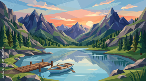 A peaceful mountain range reflected in a calm lake at sunset, with a wooden pier and rowboat in the foreground, depicted in a vibrant low poly art style.