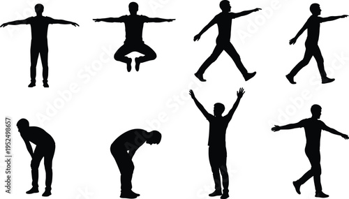 Man silhouette action poses set, male jumping walking stretching gestures collection, human body movement characters isolated vector illustration pack