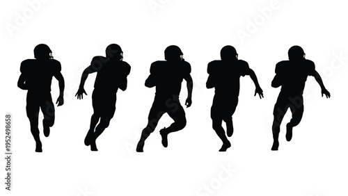Five black silhouettes of american football players running