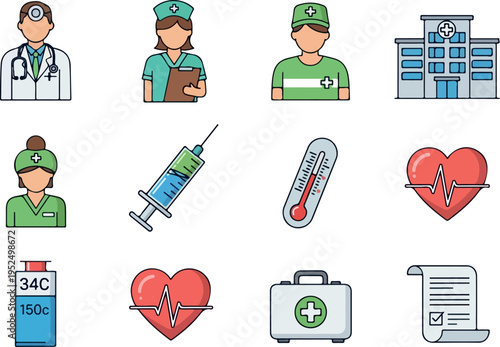Medical and Healthcare Icons Set featuring Doctors, Nurses, Hospital, Syringe, Thermometer, and Heartbeat Monitor