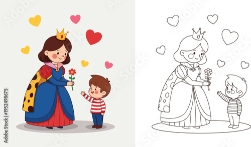 Adorable queen giving flower to a little boy with floating hearts, includes colored illustration and black and white coloring page.