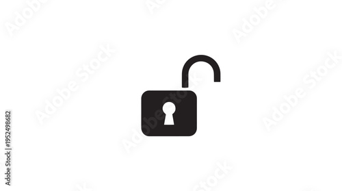 Unlock icon vector illustration, black padlock with open shackle and keyhole, symbolizing security, access, and freedom on a clean white background.