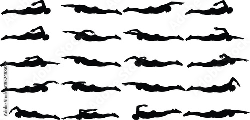 Swimming athlete silhouettes set, swimmer freestyle stroke poses collection, sport aquatic movement figures isolated vector illustration pack