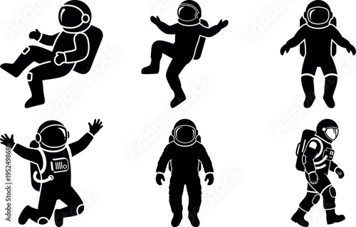 Collection of six astronaut silhouettes in different poses isolated illustration