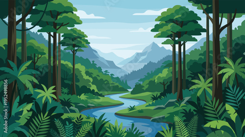 A serene vector illustration of a lush jungle landscape with a winding river flowing through a tropical forest towards distant mountains in a flat, graphic style.