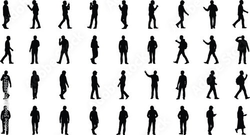 Walking people silhouettes collection, men commuters and pedestrians in various poses, urban lifestyle movement, isolated black silhouette vector set