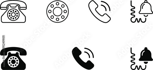 Telephone communication icon set, vintage rotary phone dial handset and ringing bell symbols, outline and solid call notification vector illustration