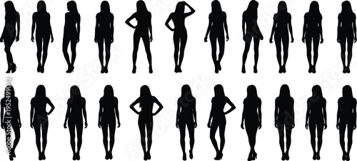 Women silhouettes collection, female models standing walking poses, fashion and lifestyle concept, elegant girls silhouette set isolated vector illustration