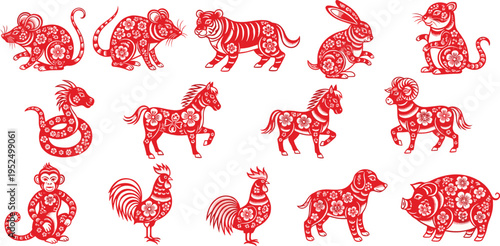 A collection of twelve traditional chinese zodiac animal symbols depicted in red paper cut style isolated on white background, Vector