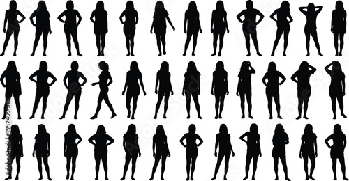 Women standing silhouette mega collection, female figures in various casual poses, diverse body shapes and attitudes character set