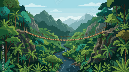 A scenic vector illustration of a rope suspension bridge spanning a deep canyon above a winding river in a lush, tropical jungle with distant mountains.