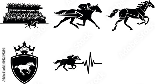 Collection of stylized horse racing and equestrian sport icons isolated design
