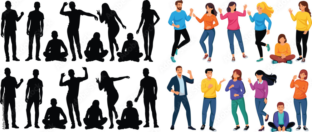 Fototapeta premium People character collection with silhouettes and colorful cartoon men and women standing, dancing, sitting poses, casual lifestyle illustration set