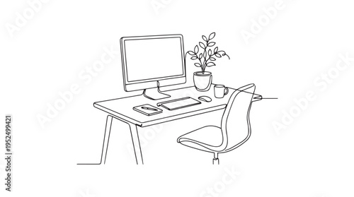 Continuous line art vector illustration of a minimalist home office workspace with computer, keyboard, mouse, plant, coffee cup, and chair on a desk