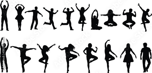 People dancing and yoga silhouettes collection, men and women in energetic dance and meditation poses isolated illustration set for fitness and lifestyle