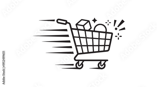 Fast shopping cart vector icon with speed lines and products, symbolizing quick delivery, online ordering, and e-commerce efficiency for web and app design.